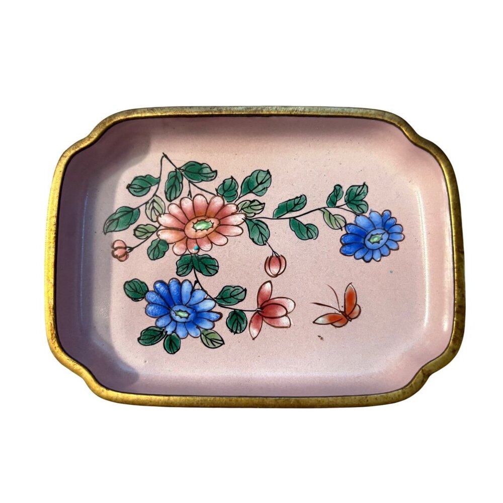 Vintage Hand-Painted Floral Pink Ceramic Trinket Tray With Gold Trim